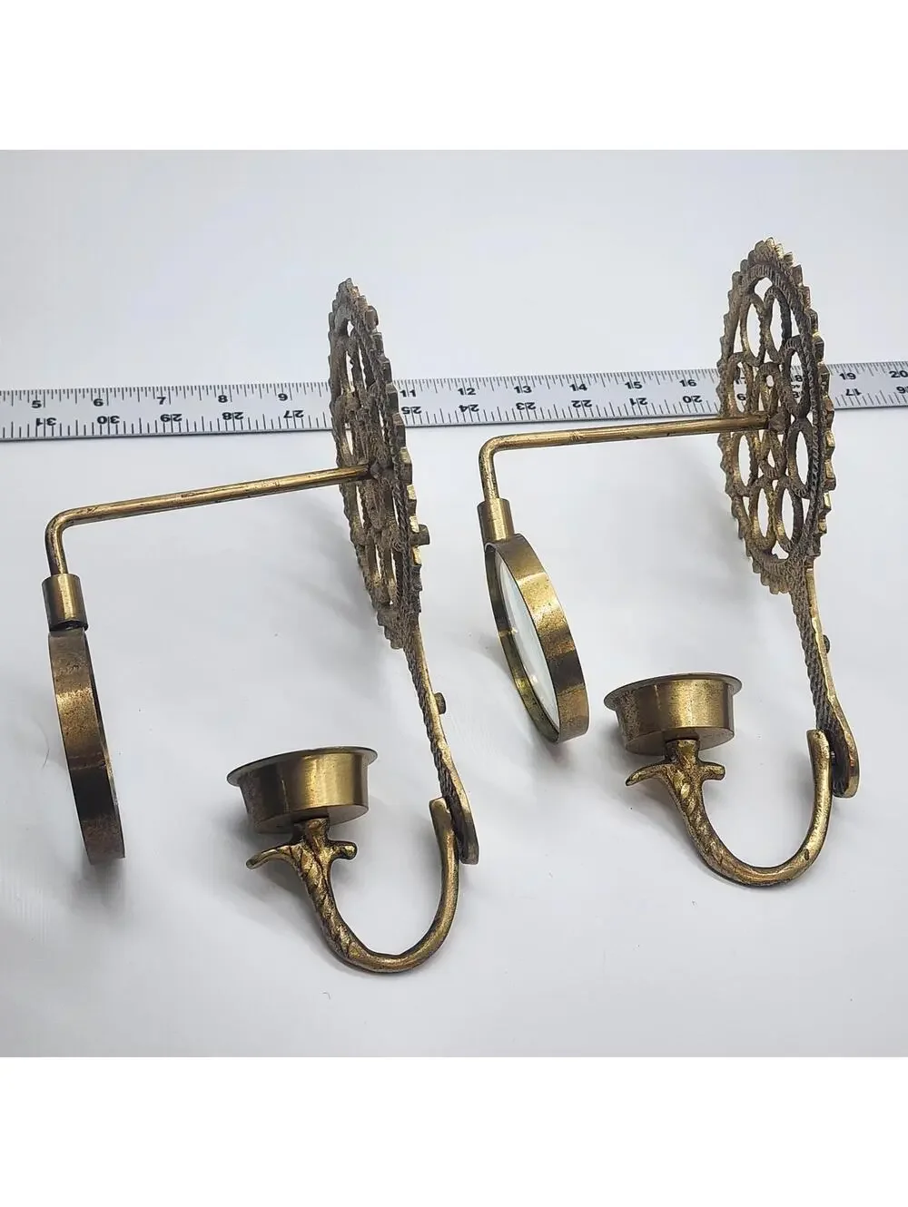Pair of Brass Tone Wall Candle Sconces with Round Magnifying Glass Accent